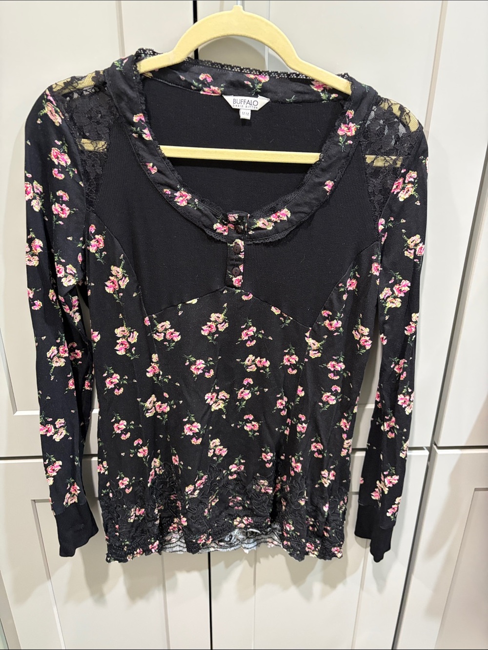 Buffalo David Bitton Black Long Sleeve Floral Lace-Trim Top